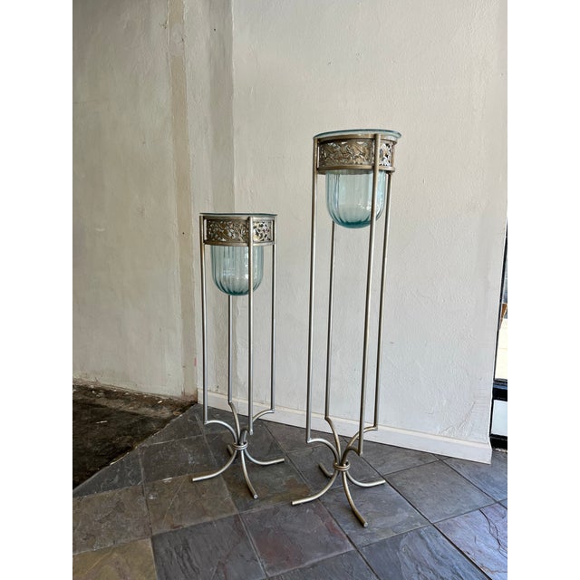 1980s Pair of Mexican Aqua Blown Glass Vessels on Decorative Tole Metal Plant Stands For Sale - Image 5 of 10
