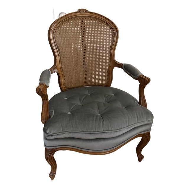 Drexel Heritage Beautiful French Inspired Armchair With Original Soft Light Blue Tufted Velvet Upholstery. For Sale