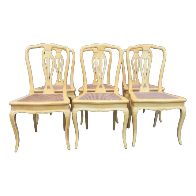 Provençal Louis XV Style Cane Chairs in Pale Yellow Wood, 1960s, Set of 6 For Sale