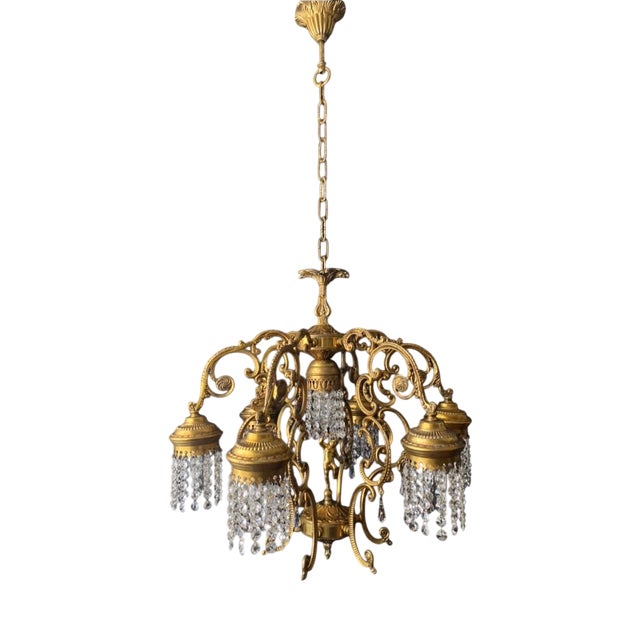 Vintage Gold Chandelier with Putti and Pendants, 1960s For Sale