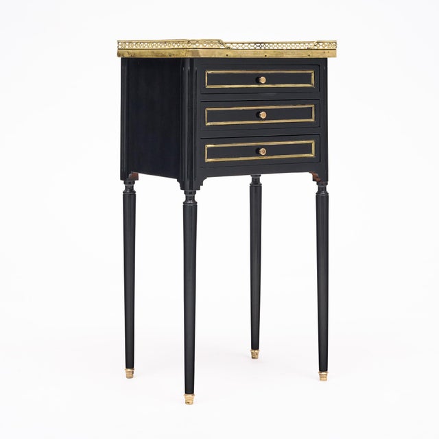 Pair of French Louis XVI Style Ebonized, Brass and Marble Side Tables For Sale - Image 4 of 9