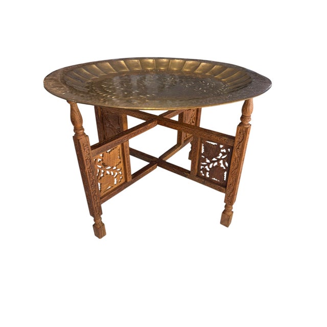 Mid 20th Century Vintage Sarna Indian Embossed Brass Collapsable Tray Table For Sale In Indianapolis - Image 6 of 17