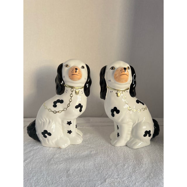 Black Pair of 1990s Staffordshire Style Dog Statues Mantle Figurines Gold Chain Black White For Sale - Image 8 of 11