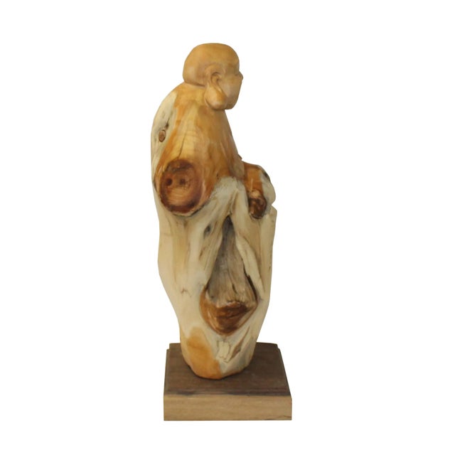 Chinese Chinese Cypress Wood Carved Irregular Shape Happy Buddha Statue For Sale - Image 3 of 7