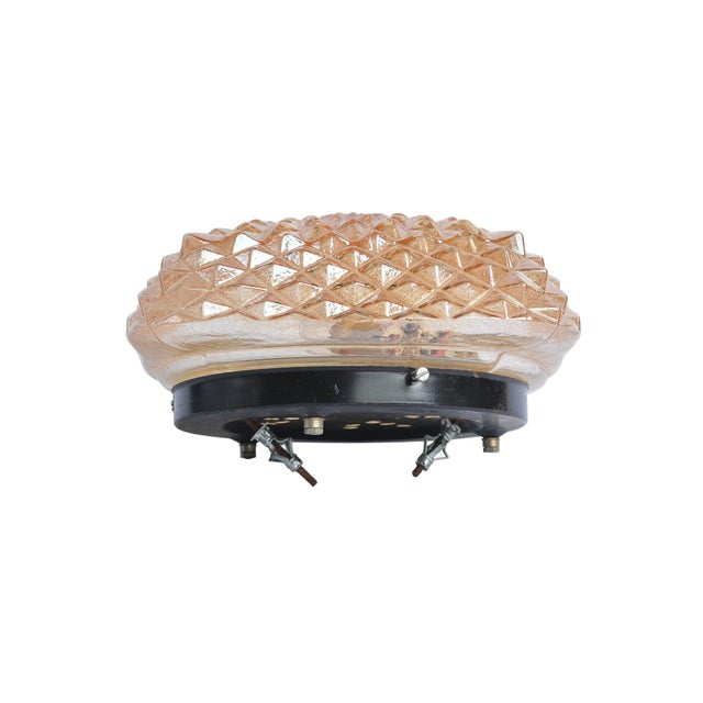 Mid Century Diamond Shell Cut Clear Peach Color Glass Pattern Flush Mount Ceiling Light For Sale - Image 4 of 7