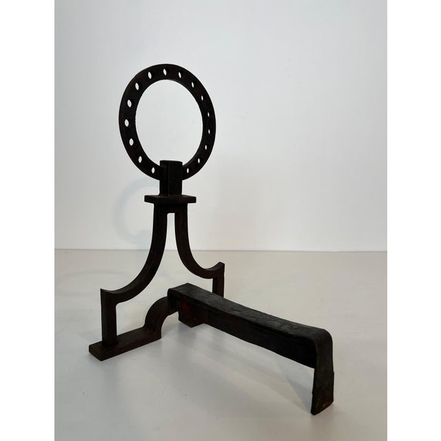 Pair of modernist wrought iron andirons in the style of Gilbert Poillerat For Sale - Image 11 of 12
