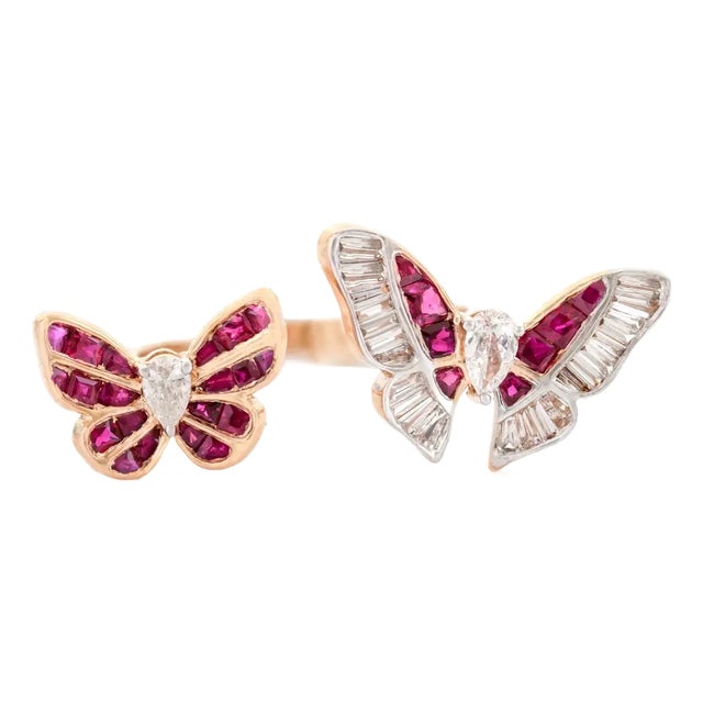 Ruby & Diamond Twin Butterfly Open Cuff Ring Size 5.5 For Sale