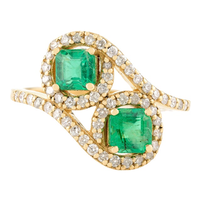 Two Stone Emerald Halo Wedding Ring Gift for Her Size 5.5 For Sale