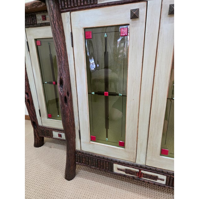 Coffee Diane Ross Signed Rustic Breakfront Credenza-Reclaimed Oak & Fused Glass Art For Sale - Image 8 of 18
