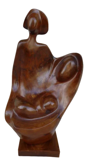 1970s Mid Century Modern Biomorphic Burl Wood Sculpture of Madonna and Child