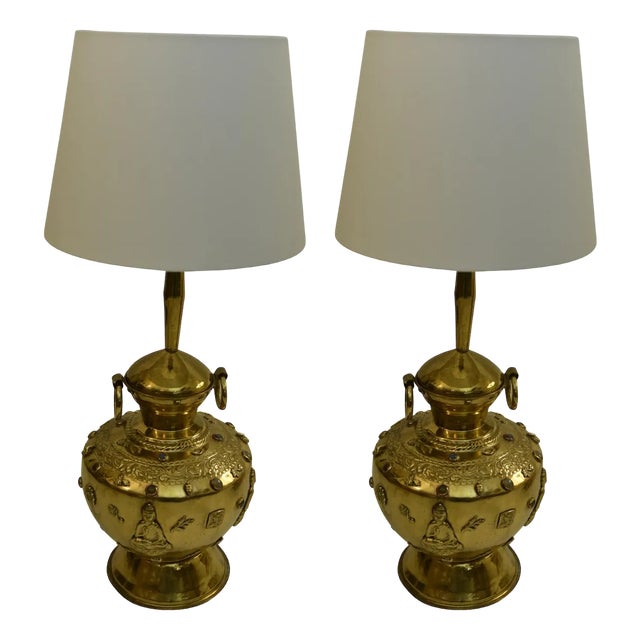 Large Brass and Gemstone Buddha Table Lamps, Set of 2 For Sale