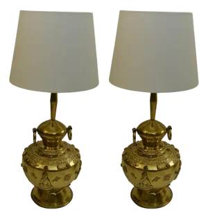Large Brass and Gemstone Buddha Table Lamps, Set of 2