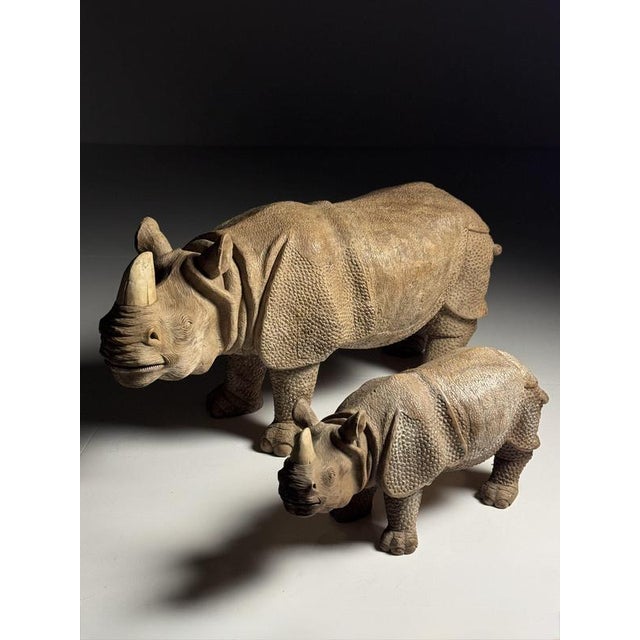 Hand-Carved Wooden Rhinoceros Statues, 1960s, Set of 2 For Sale - Image 3 of 18