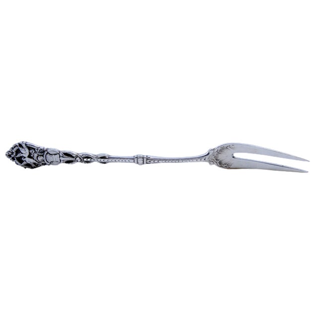 Silver Pickle Serving Fork with Two Prongs and Two Birds on Basket For Sale - Image 9 of 9