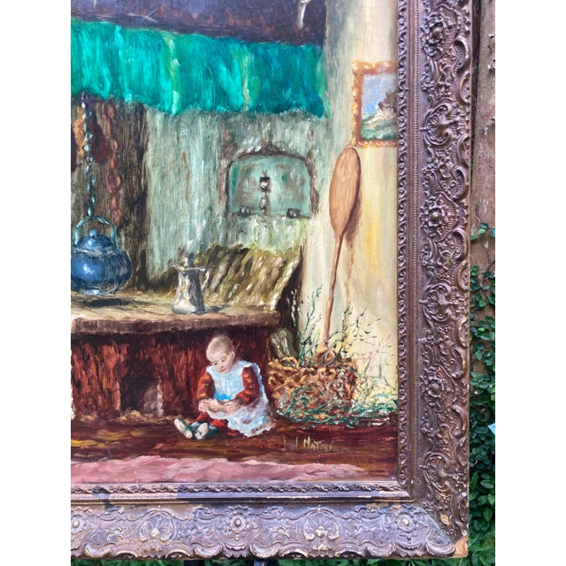 Mid 20th Century Large 1950s Dutch Interior Scene Figurative Oil Painting, Framed Mother and Child Kitchen Scene For Sale - Image 5 of 13