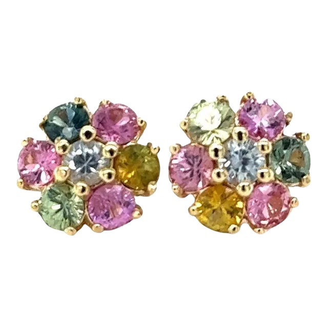 3.20 Carat Multi-Color Sapphire Yellow Gold Stud Earrings - a Pair For Sale