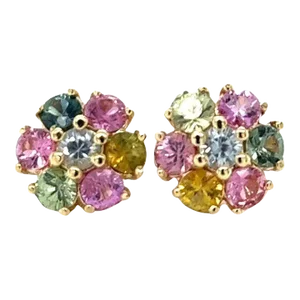 3.20 Carat Multi-Color Sapphire Yellow Gold Stud Earrings - a Pair