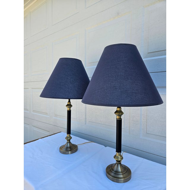 Contemporary Late 20th Century Blue and Brass Lamps - a Pair For Sale - Image 3 of 16