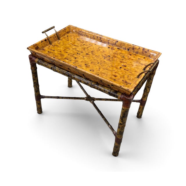 Boho Chic Boho Maitland Smith Tortoise Bamboo and Tessellated Penshell Tray Table For Sale - Image 3 of 18