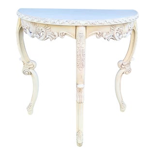 Vintage Off White Highly Carved Curvy Leg Regency Demi Lune Hall Console Table For Sale