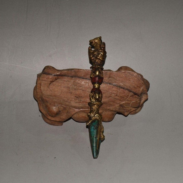 Vintage Nepalese Copper Ritual Dagger (Phurba) With Inlaid Stones in Fitted Wooden Box For Sale - Image 9 of 9
