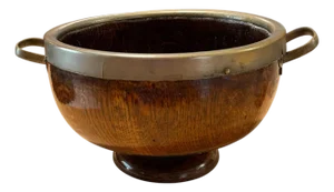 English Oak Presentation Center Pedestal Bowl Brass and Silverplate Trim