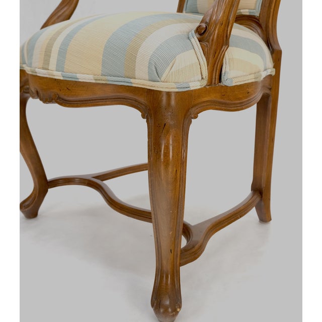 Baker Furniture Company Carved Striped Upholstery Tall Backs Carved Walnut Scallop Design Decorated - A Pair For Sale - Image 4 of 12