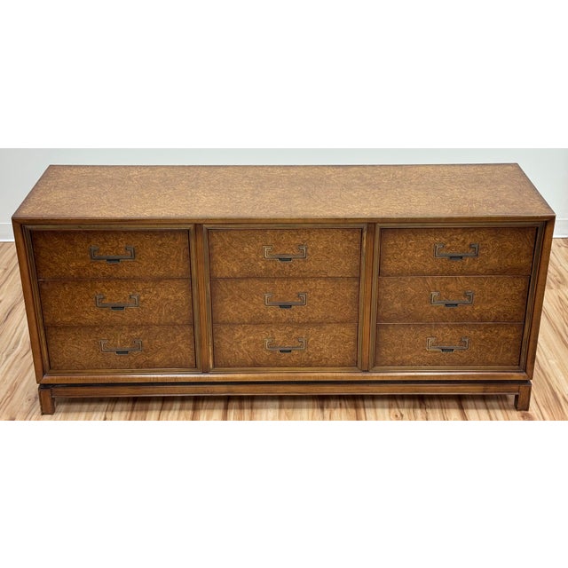Mid-Century Modern Vintage Founders Furniture Burl Wood Nine Drawer Lowboy Dresser For Sale - Image 3 of 12