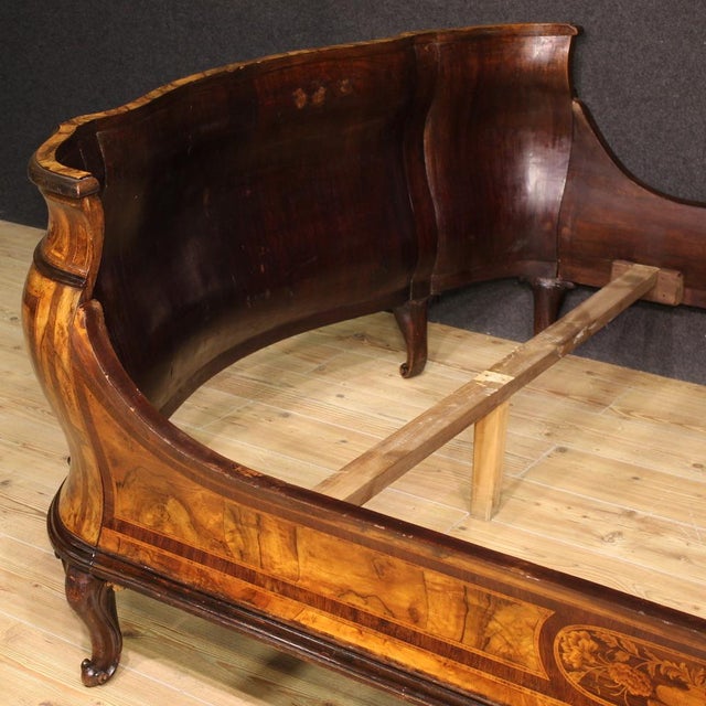 Lombard double bed from the mid-20th century. Louis XV style furniture finely inlaid with floral decorations in walnut,...