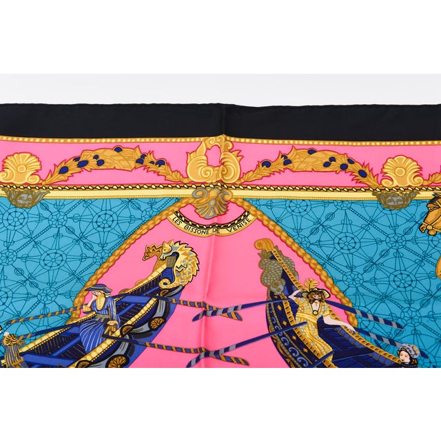 1970s 1970s Vintage Silk Hermes Scarf "Les Bissone De Venice" Hot Pink, Turquoise, Gold, Black, Gray, Purple For Sale - Image 5 of 11
