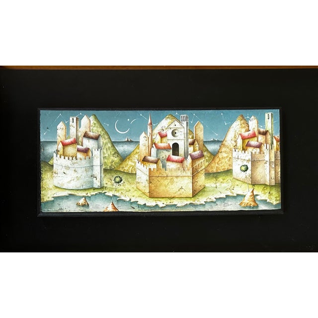 Vintage Surrealistic Tempera Painting on Terra Cotta Tile of Castles by Paolo Grinaldi For Sale - Image 4 of 8