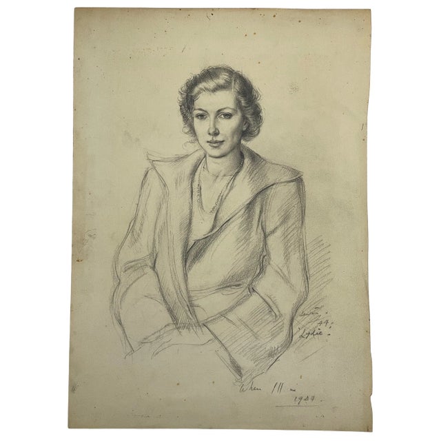 Portraiture Vintage Pencil Drawing Portrait of Woman Signed Lewis Dated 1944 For Sale - Image 3 of 4