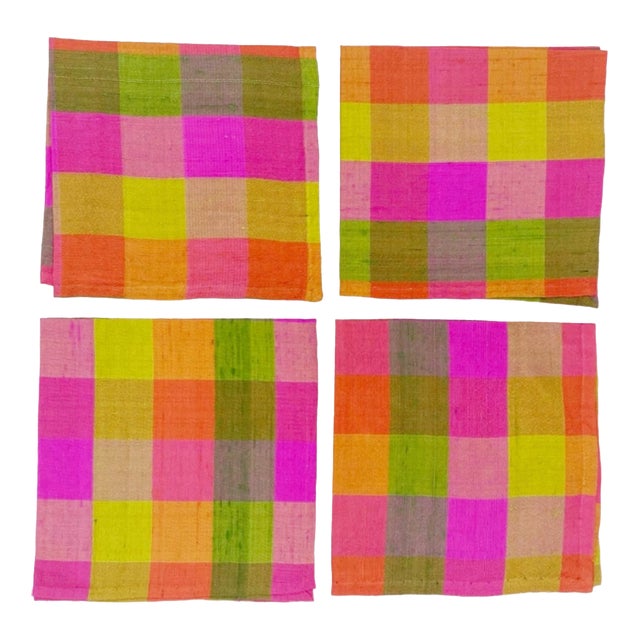 Vintage Mid-Century Modern Pink Silk Gingham Plaid Cocktail Napkins - Set of 4 For Sale