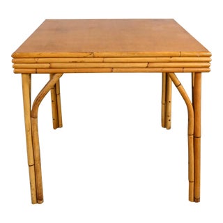 Vintage Organic Modern Island Style Square Rattan Dining Table With Mahogany Top For Sale