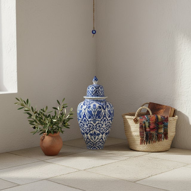 Turkish Handmade Ceramic Grand Shah Jar (60cm) Blue and White Imperial Medallion Semse Pattern Floor Vase For Sale - Image 3 of 7