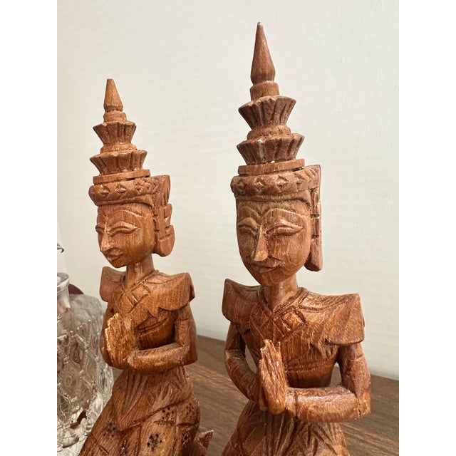 Vintage Teak Wood Thai Thepphanom Guardian Angels – Hand-Carved Buddhist Prayer Figures For Sale - Image 4 of 10