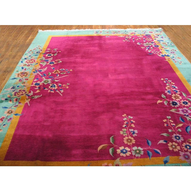 Art Deco 1920s Pink Dark Floral Antique Chinese Art Deco Rug 9' X 11'6" Handknotted Wool Carpet For Sale - Image 3 of 5