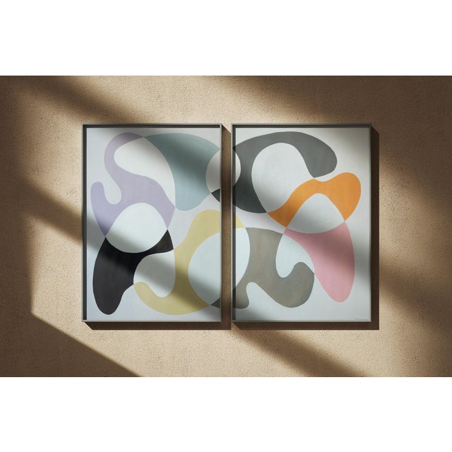 Mid-Century Modern 2026, Organic Modern, Mid Century Shapes Diptych, Pastel Dance, Acrylic Painting on Paper in Soft Palette by Ryan Rivadeneyra For Sale - Image 3 of 10