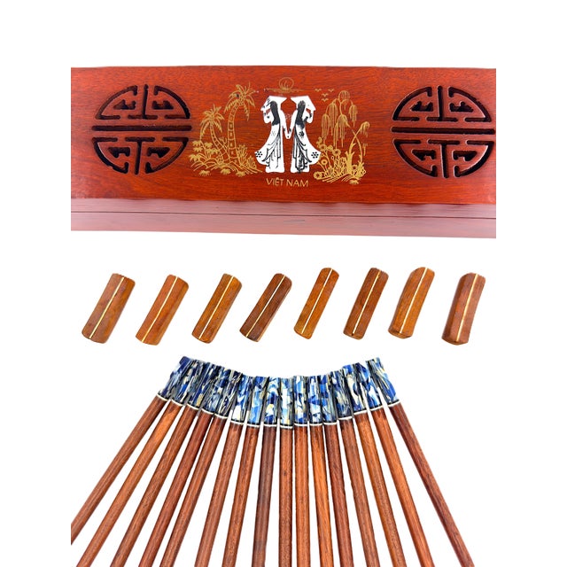 Contemporary Asian Modern Vietnamese Wooden Chopsticks for 8 With Blue Mother of Pearl Marbled Tips Decorative Storage Box and Coordinating Rests - 25 pcs For Sale - Image 3 of 11