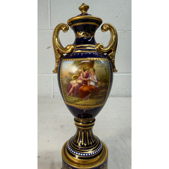 Victorian Antique Hand Painted Royal Vienna Porcelain Cobalt Gold Lidded Vase Mini Urn For Sale - Image 3 of 18