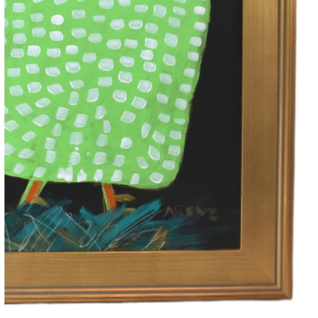 Shabby Chic Original Green Folk Art Chicken Hen Painting by Ruth Arenz Including the Antiqued Gold Wood Frame For Sale - Image 3 of 6