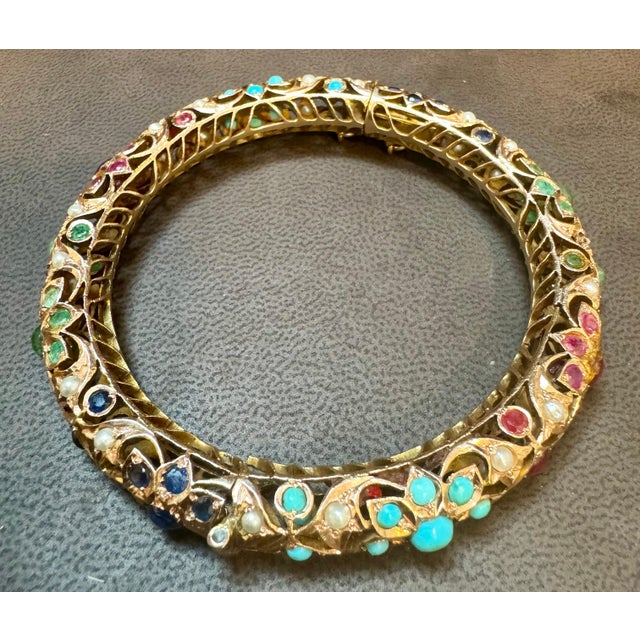 2000 - 2009 Natural Turquoise Emerald Ruby Sapphire pearl Bangle in 14 Kt Yellow Gold 41 Gm For Sale - Image 5 of 18