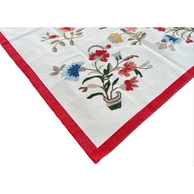Not Yet Made - Made To Order Handmade Cotton Flower Patterned Rug Cream With Blue Green Beige & Red Border -9'x12' For Sale - Image 5 of 11