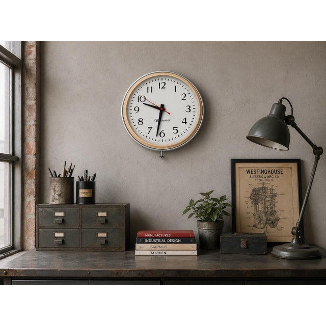 This vintage Edwards electric wall clock embodies the clean, functional aesthetic of mid-century industrial design....