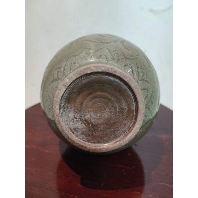 Chinese Ceramic Vase Yaozhou Ware Celadon Vase Hand Carved Flowers Pattern For Sale - Image 10 of 10