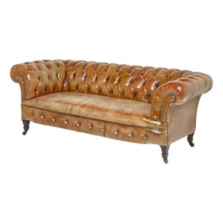 Circa 1930s English Chesterfield Tufted Leather Sofa in Original Distressed Tan Leather For Sale