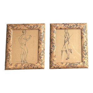 1940’s Two Original Deco Female Nude Study Drawings Etched Wood Tabletop Frames- Set of Two