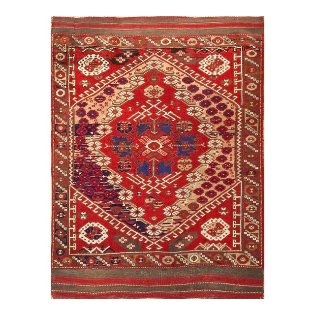 1900s Red Medallion Antique Turkish Bergama Rug 3'3" X 3'7" Handknotted Wool Carpet For Sale