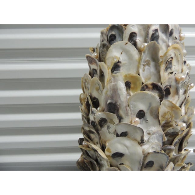 American Vintage Wabi Sabi Tall Round Encrusted Oyster Shells Vases With Faux Pearls - Set of 2 For Sale - Image 3 of 11