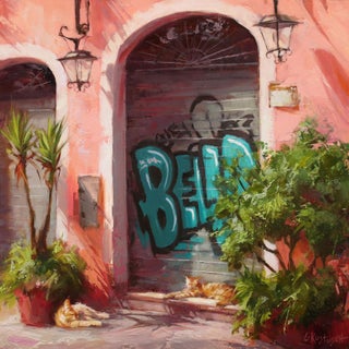Riposa by Lindsey Kustusch | Oil on wood panel Cats resting near a graffiti-covered wall. For Sale